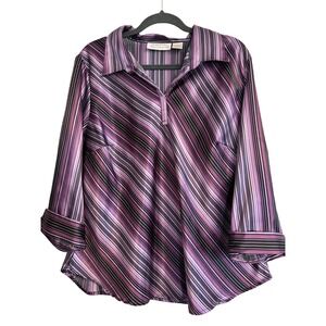 Giorgio Fiorlini Collection Purple Striped V-Neck 3/4 Sleeve Blouse XL‎ Satin